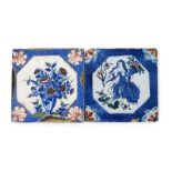 Two London delftware tiles, c.1720-30, painted in blue with red and green highlights, one with Ceres