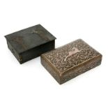 A continental patinated copper and white metal cigarette box, rectangular with hinged cover, the