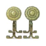 A pair of Aesthetic Movement patinated bronze and polished brass fire dogs the design attributed