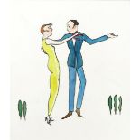 ‡ Dorte Clara Dodo Burgner, (1907-1998) Young Couple Dancing (woman in a yellow cat-suit) ink and