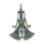 A continental plique a jour enamel pendant in the manner of Theodore Fahrner, enamelled in shades of