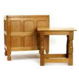 An oak blanket chest by Jim Hartley in the manner of Robert Mouseman Thompson, rectangular with