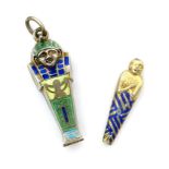 A continental white metal and enamel Egyptian Revival pendant, modelled as a sarcophagus, the hinged
