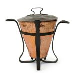 A wrought iron mounted coal bin and cover, flaring cylindrical form with hammered finish, a large