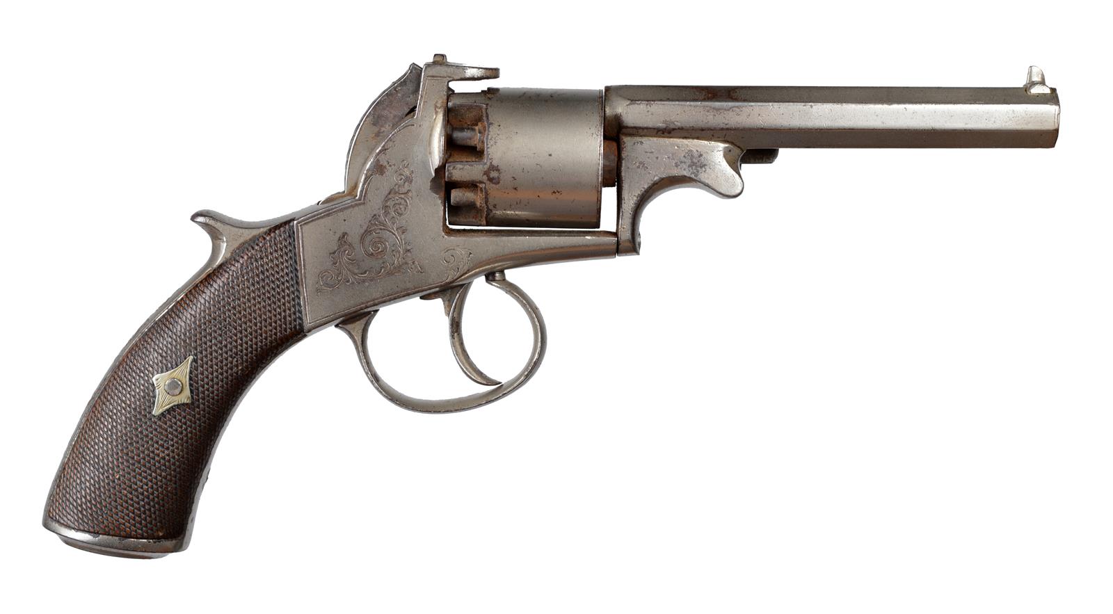 An English .34 calibre five-shot percussion revolver, of Webley-Bentley type, 4 in. hexagonal
