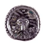 Silver sceat, Frisian type, series X, 695-740, 'Woden' head facing, rev. crested monster with tail