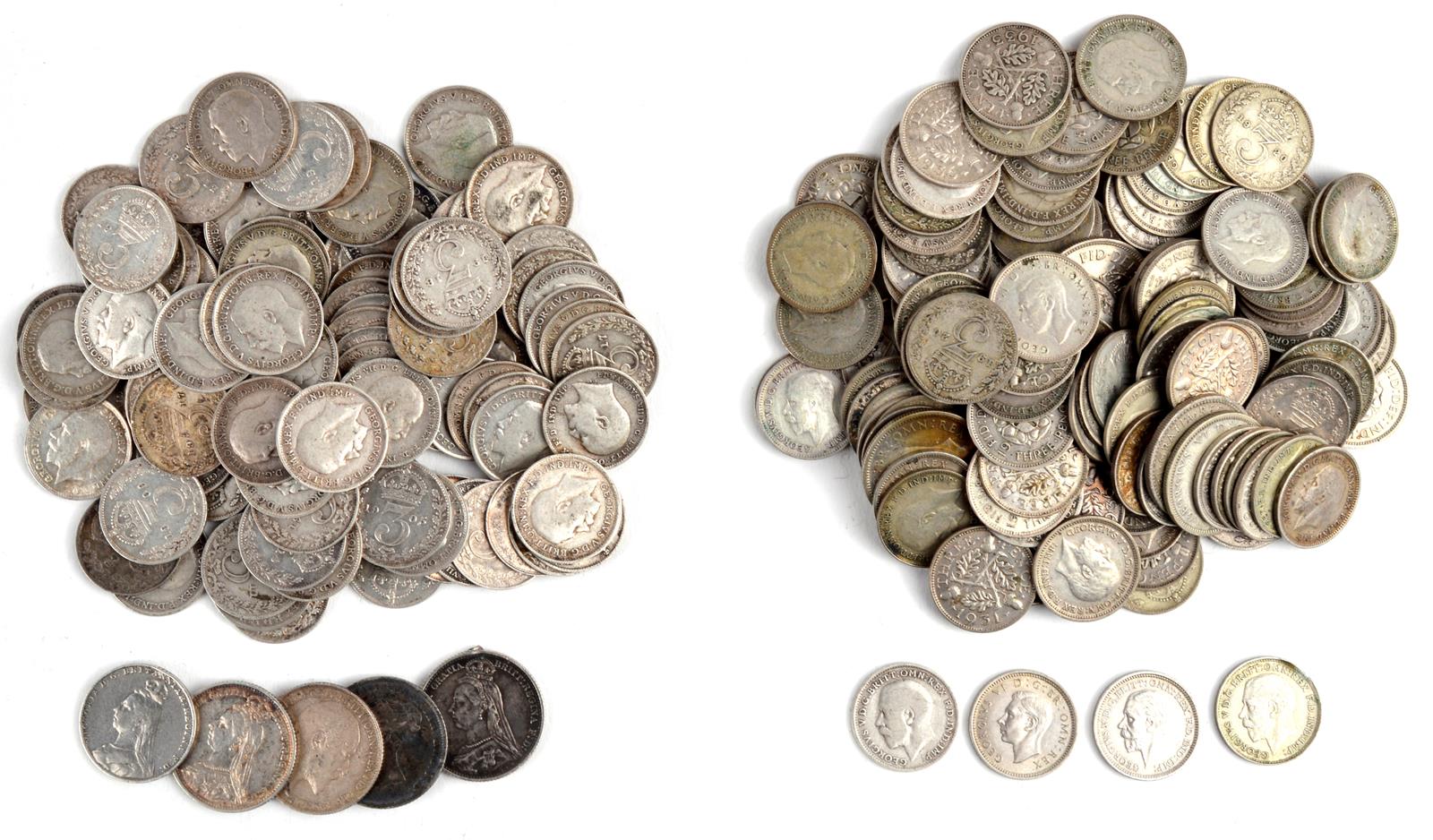 A collection of small denomination British silver coins, including ...