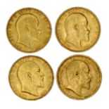 Edward VII, gold sovereigns: 1903, 1910 (S 3969); 1903, 1908, Perth Mint (S 3972). All good fine