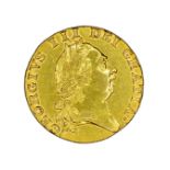 Three gold coins: George III, guinea, 1787, fifth head, 'spade' reverse (S 3729), small furrow