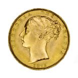 Victoria, gold sovereign, 1872, die number 100 below wreath (S 3853B). About extremely fine.