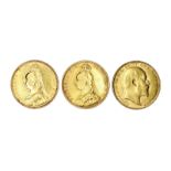 Three gold sovereigns: Victoria, 1887, Melbourne mint (S 3867A), good very fine; 1892 (S 3866C),