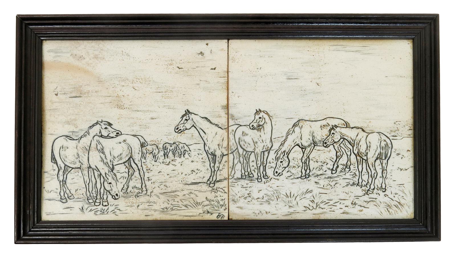 A good Doulton Lambeth stoneware two tile panel by Hannah Barlow, dated 1874, incised with horses