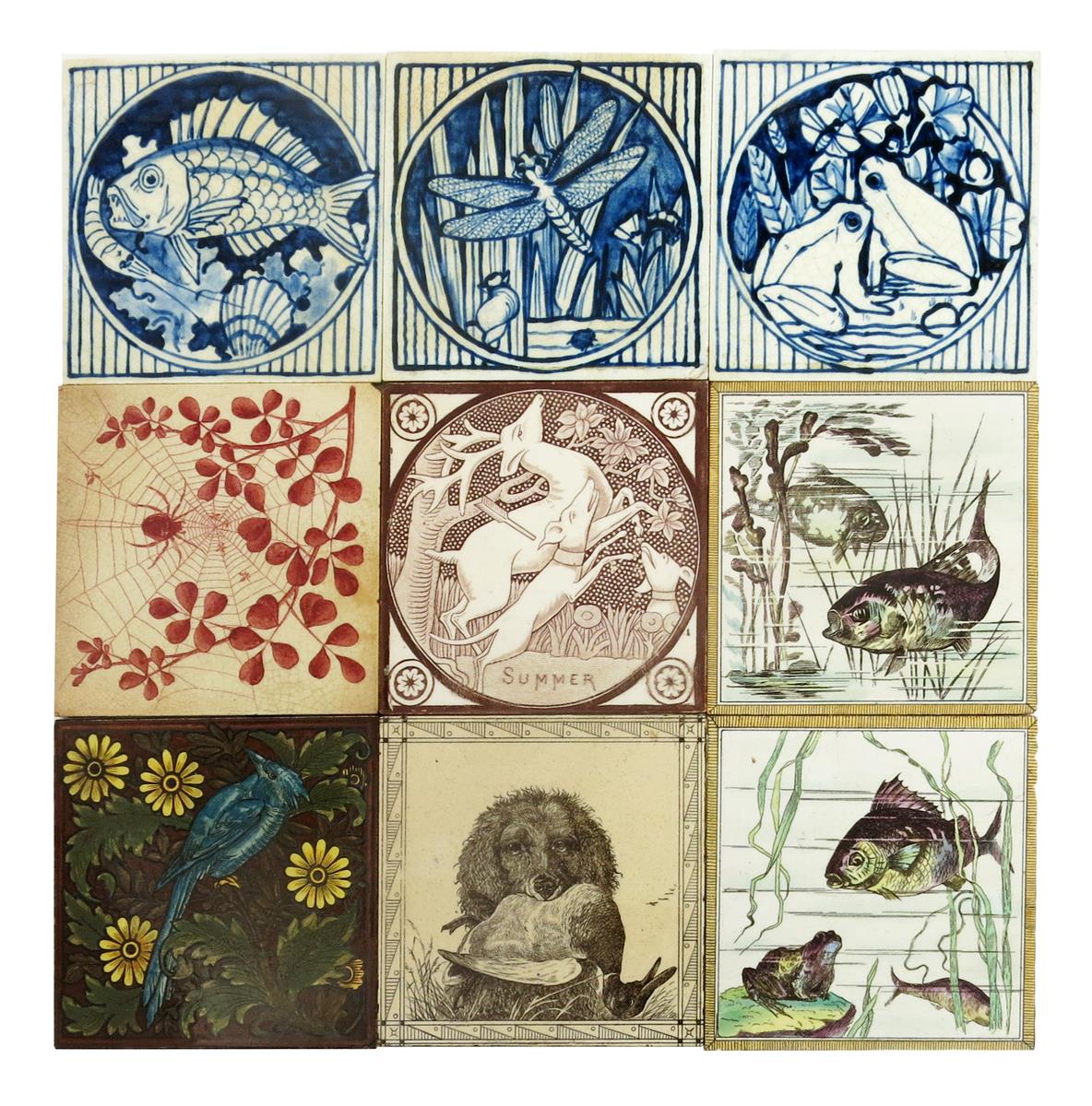 Three Minton's Art Pottery Studio tiles by John Christian Henk, painted with frogs, a dragonfly, and