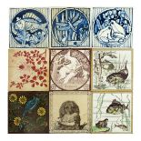 Three Minton's Art Pottery Studio tiles by John Christian Henk, painted with frogs, a dragonfly, and
