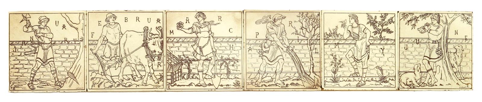 Six Craven Dunnill Months tiles, printed in sepia on a cream ground, January to June, mounted,