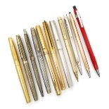 A Parker 75 fountain pen and ball pen set, a Parker silver 75 fountain pen similar, a Parker 75