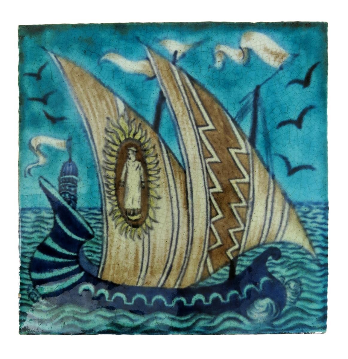 A fine William De Morgan Sands End Pottery Galleon tile, painted with a sailing ship, at full