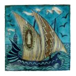 A fine William De Morgan Sands End Pottery Galleon tile, painted with a sailing ship, at full