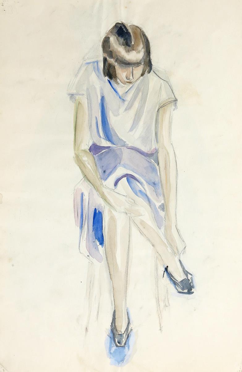 Dorte Clara Dodo Burgner, (1907-1998) Girl in a Blue Dress and Woman with a Shawl pencil and inks, - Image 2 of 2