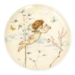A Minton Art Pottery wall plaque by William S Coleman, dated 1872, painted with a cherub releasing