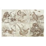 A Wedgwood Fresco Birds or Game Subjects six tile panel, printed in sepia with game and game