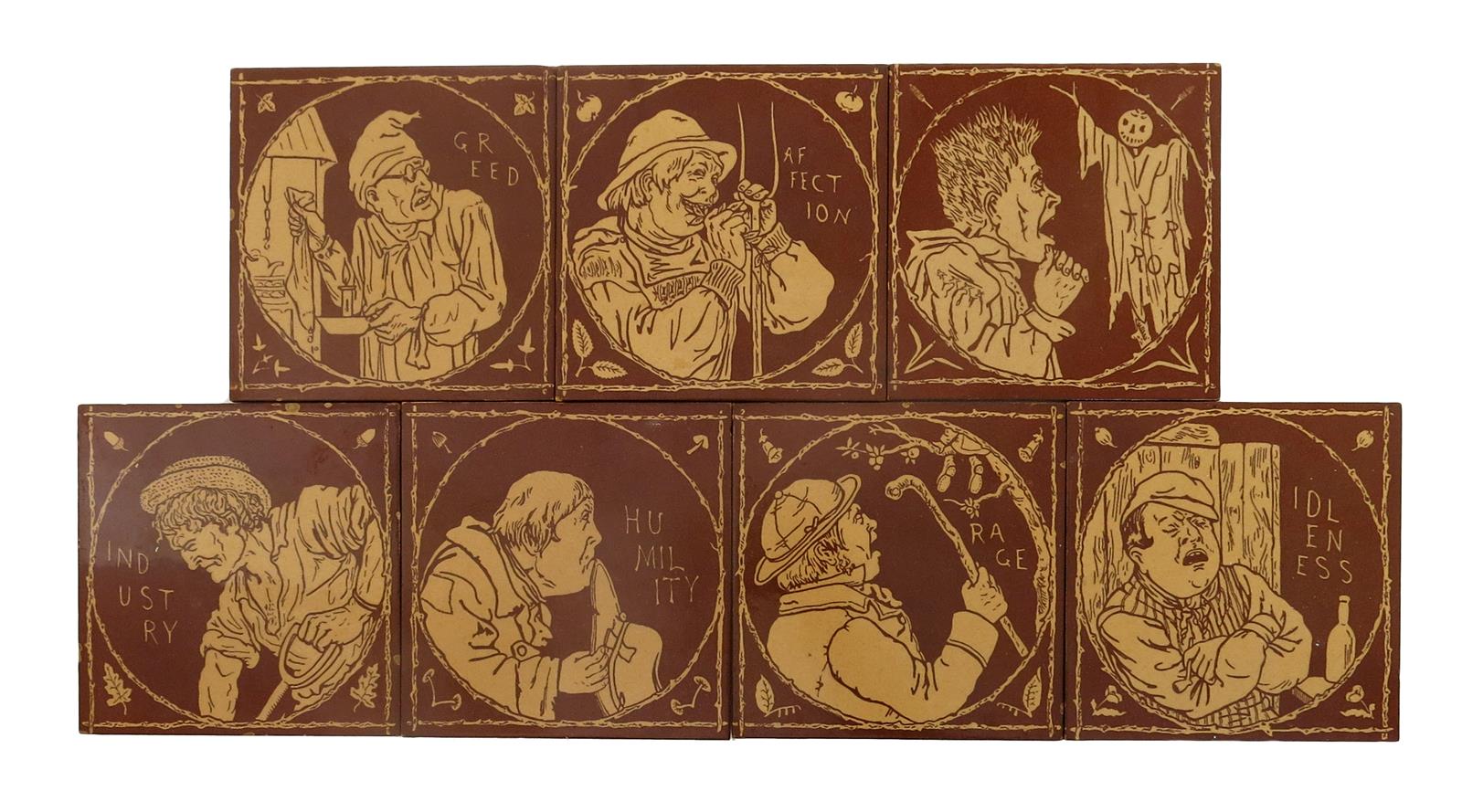 A set of seven Minton Rustic Humours tiles, printed in brown and buff, comprising Terror,