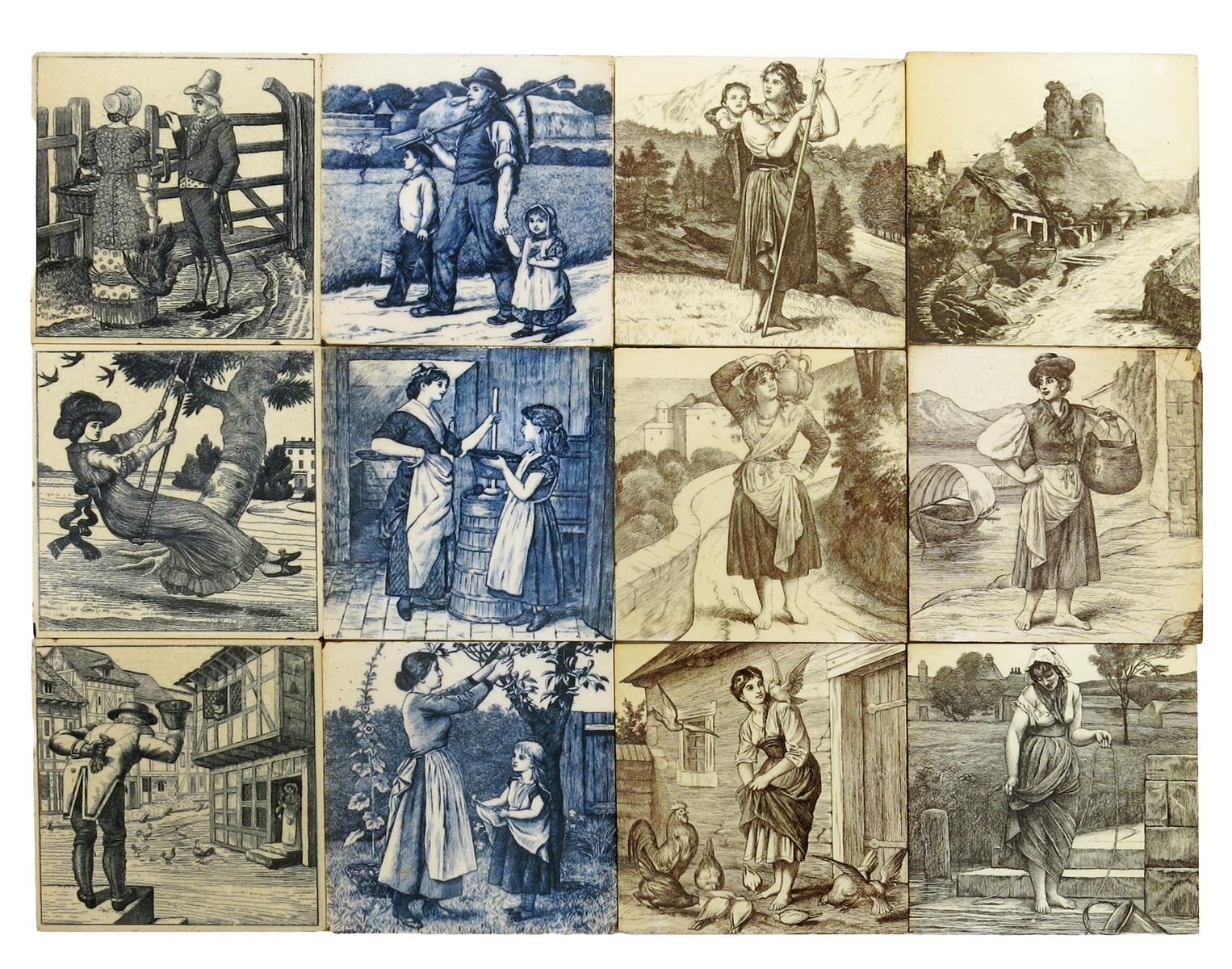 Five Minton's China Works Country Pursuit tiles designed by William Wise, printed in sepia and black