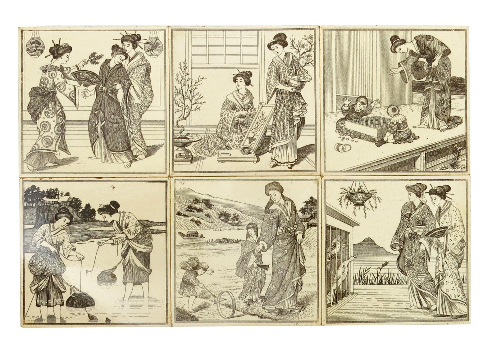 A set of six Maw & Co Japanese Series tiles designed by Owen Gibbons, transfer printed in brown on a
