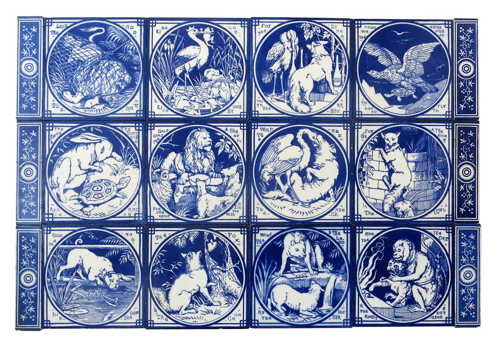 A Minton's Aesop's Fables twelve tile panel designed by John Moyr Smith, printed in blue on a