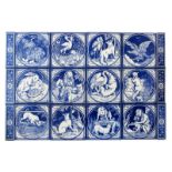 A Minton's Aesop's Fables twelve tile panel designed by John Moyr Smith, printed in blue on a