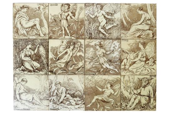 A set of twelve Wedgwood Midsummer Night's Dream tiles designed by Helen J Miles, printed in brown