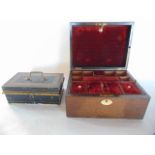 An antique rosewood veneered jewellery box, the hinges revealing a segmented and removable