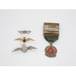 Three RAF wing lapel badges, Safe Driving Competition Drivers award, lapel badge with bars 1943-47