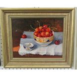 A contemporary oil painting on board by M Gerrard of a still life with cherries in a ceramic bowl on