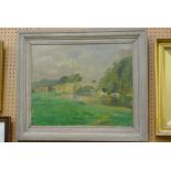 A 20th century oil painting on board by David Buchanan of a river landscape with a single arched