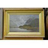 A 19th century oil painting on canvas by Frederick Tully Lott showing a mountainous lake scene