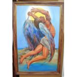 A contemporary oil painting on canvas by Alexandra G, showing Icarus in Flight, signed bottom