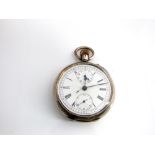 A silver cased chronograph pocket watch with white enamel dial (movement working)
