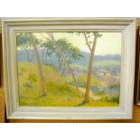 A mid 20th century oil painting on board by Alan Stenhouse Gourley showing a Mediterranean landscape