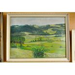 A 20th century oil painting on board of an extensive wooded landscape, signed bottom right F