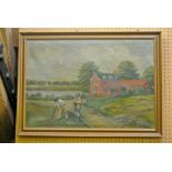 A 19th century oil painting on canvas of a rural scene with red brick farmhouse, farm workers