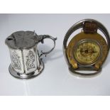 An Edwardian desk clock in a stirrup horseshoe frame, together with a Victorian plated mustard pot