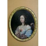 A 17th century oil painting on canvas, of oval form, half length portrait of a young woman in blue