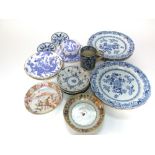 A collection of 19th century blue and white ceramics including a set of six dessert plates