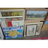 A collection of pictures including an oil painting on board of a panoramic country landscape