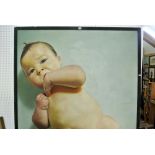 A 20th century outsized oil painting on canvas, naturalistic study of a baby with label verso From