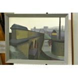 A 20th century oil painting on board of an industrial style scene with viaduct, railways signals