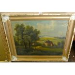 A 19th century oil painting on canvas of a extensive landscape with female figure walking along a