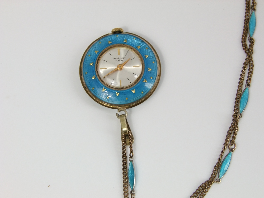 A Jean Perret of Geneva pendant watch set in a pale blue enamel and gilt framework the chain with - Image 2 of 2