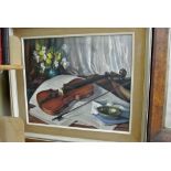 A 20th century oil painting on canvas by Ferenc Vardeak showing a still life with violin and bow,